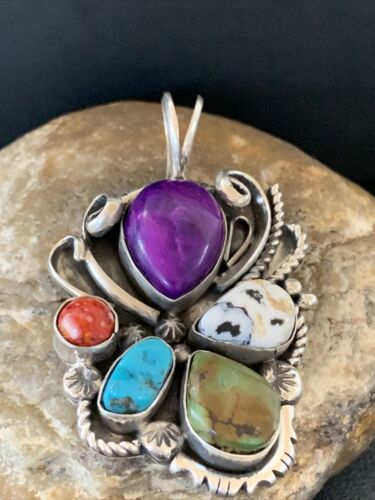 Navajo Sugilite, White Buffalo Turquoise, Spiny Oyster Multi-Stone Pendant | Authentic Native American Sterling Silver | Multi-Stone | 1224