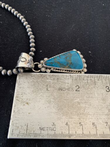 Navajo Pearls Sterling Silver Blue Spiderweb Turquoise Necklace Pendant | Men's Southwestern | 00861