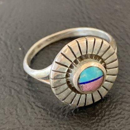 Navajo Blue Turquoise Coral Inlay Ring | Sz 7.5 | Authentic Native American Handmade | 11204