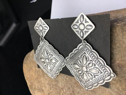 Native American Navajo Stamped Earrings | Sterling Silver | 2.75" | 1733 - Masha USA