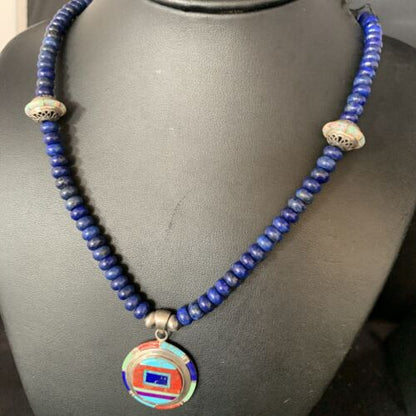 Authentic Native American Navajo Necklace | Sterling Silver with Turquoise, Lapis & Opal Pendant | 13981