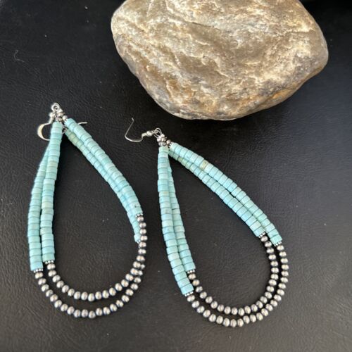 Navajo Turquoise Heishi Beads Earrings | Sterling Silver | 5" | Authentic Native American Handmade | 14295