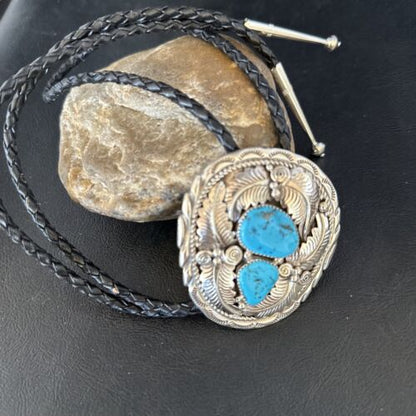 Native American Men's Bolo Tie | Blue Kingman Turquoise | Sterling Silver | Navajo Handmade | 14279