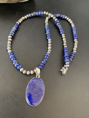 Native American Navajo Blue Lapis Pendant Necklace | Sterling Silver | Authentic Handmade | 11914 - Masha USA