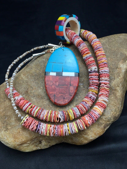 Authentic Native American Santo Domingo Multi-Color Spiny Sterling Silver Necklace with Inlay Pendant | 24" | 2915