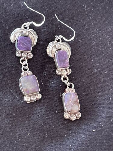 Navajo Purple Charoite Dangle Earrings | Sterling Silver | Authentic Native American Handmade | 01225