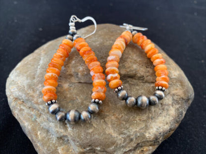 Southwestern Sterling Silver Navajo Pearl Spiny Oyster Bead Earrings | 2" | Authentic Native American Handmade | 854