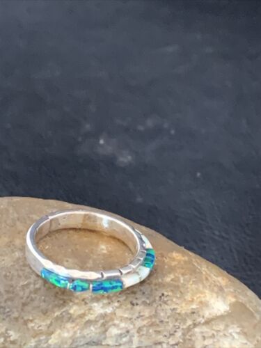 Navajo White Blue Opal Inlay Ring | Sterling Silver | Sz 8.5 | Authentic Native American Handmade | Yazzie | 10620