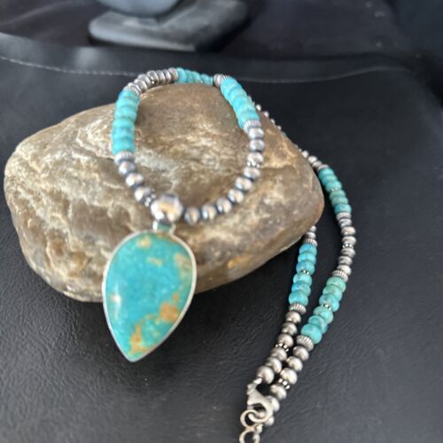 Navajo Blue Turquoise Pendant Necklace | Sterling Silver | Authentic Native American Handmade | 14472