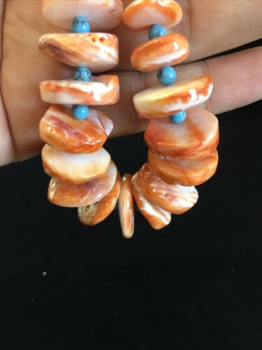 Navajo Orange Spiny Oyster & Turquoise Graduated Necklace | Sterling Silver | Authentic Native American | 30" | 1771