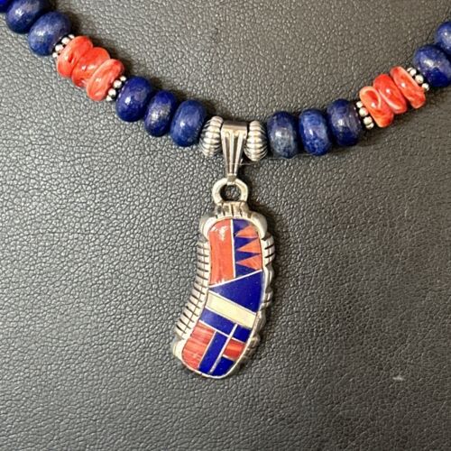 Navajo Blue Lapis Spiny Oyster Necklace Pendant | Sterling Silver Inlay | Authentic Native American Handmade | 14617