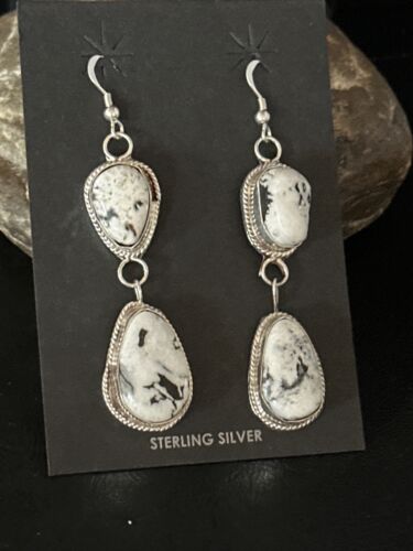 Navajo White Buffalo Turquoise Dangle Earrings | Sterling Silver | 2" | Authentic Native American Handmade | 14714