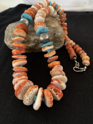 Navajo Pearls, Orange Spiny Oyster & Turquoise Necklace | Sterling Silver | Authentic Native American | 24"