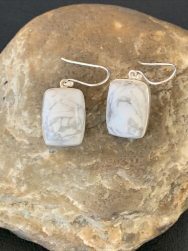Navajo Sterling Silver White Howlite Black Dangle Rectangle Earrings | 0.75" | 12070