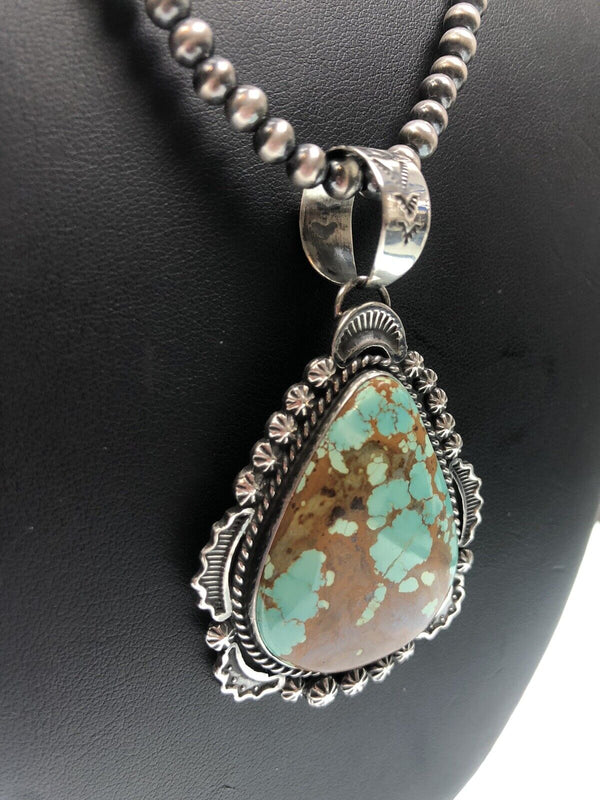 Navajo Pearls Necklace with Blue Turquoise #8 Pendant | Sterling Silver | Native American Handmade | 11294