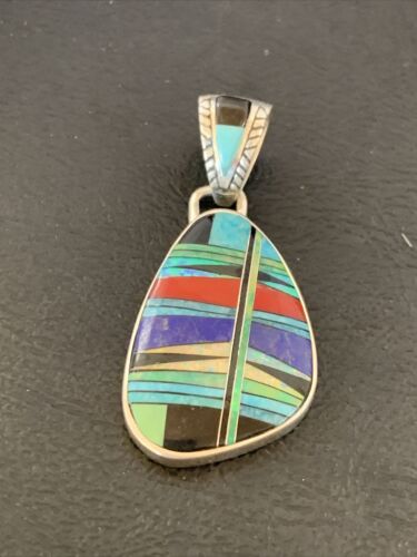 Navajo Multi-Color Turquoise Coral Opal Inlay Pendant | Sterling Silver | Native American Handmade | 12492 - Masha USA