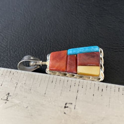 Zuni Yellow Mother of Pearl Turquoise Coral Inlay Sun Face Pendant | Sterling Silver | 2-Sided | 1685