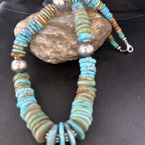 Navajo Blue Green Turquoise Bead Necklace | Sterling Silver | Authentic Native American | 20" | 14242