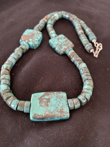 Native American Rustic Turquoise Nugget Heishi Bead Necklace | Sterling Silver | 22" | 01397