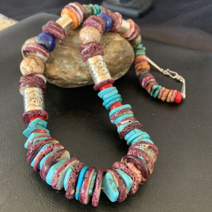 Navajo Sterling Silver Necklace | Turquoise, Spiny Oyster, Coral, Lapis | 24" | Authentic Native American | 10825
