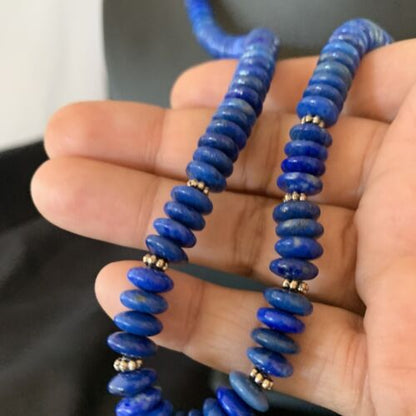 Men's Blue Lapis Bead Necklace | 8mm Liquid Silver Heishi | Sterling Silver | 24" | 12775