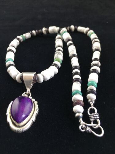 Navajo Purple Sugilite Turquoise Bead Necklace | Sterling Silver | 22" | Authentic Native American Handmade | 10035