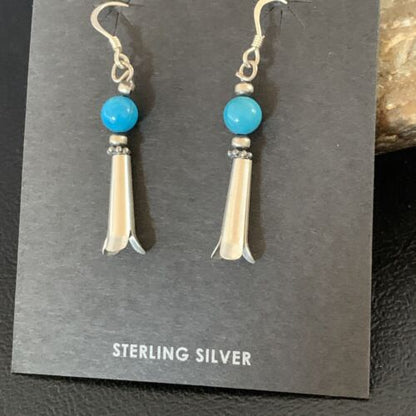 Women's Squash Blossom Dangle Earrings | Sterling Silver Blue Turquoise | 1.25" | 13019