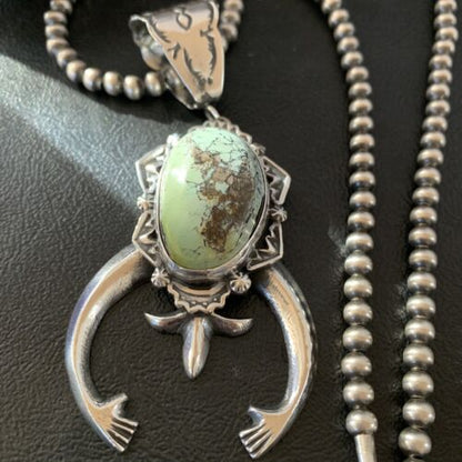 Navajo Green Spiderweb Turquoise Necklace with Naja Pendant | Sterling Silver | Authentic Native American Handmade | 2246 - Masha USA