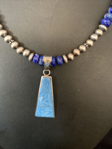 Navajo Blue Denim Lapis Necklace with Inlay Pendant | Sterling Silver | Authentic Native American Handmade | 13491