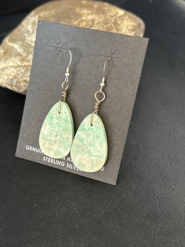 Southwestern Navajo Slab Turquoise Dangle Earrings | Sterling Silver | Authentic Native American Handmade | 01354