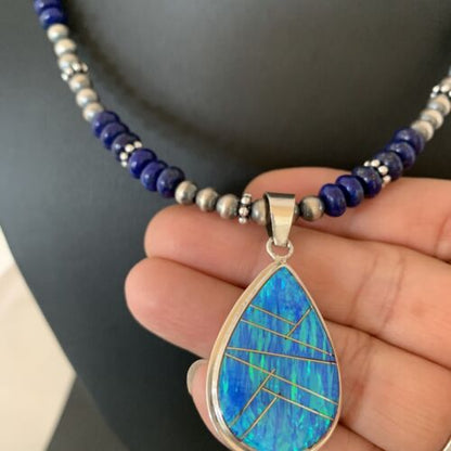 Navajo Pearls Necklace with Lapis, Turquoise, and Blue Opal Pendant | Sterling Silver | 1171