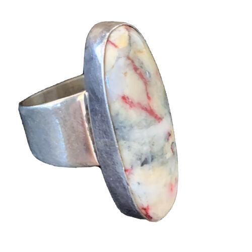 Navajo Men's White Black Cinnabrite Ring | Sterling Silver | Sz 7.5 | Authentic Native American Handmade | 1554