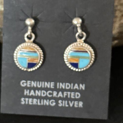 Navajo Multi-Color Turquoise Spiny Lapis Inlay Earrings | Sterling Silver | Authentic Native American Handmade | 14653