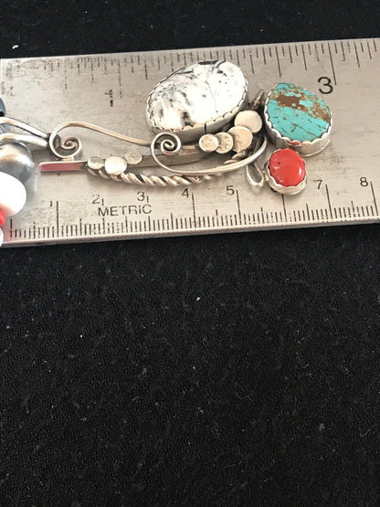 Navajo Blue Turquoise & Spiny Oyster Multi-Stone Pendant Necklace | Authentic Native American Sterling Silver | Multi-Stone | 8644 - Masha USA