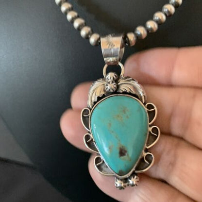 Men's Navajo Pearls Necklace with Blue Turquoise Pendant | Sterling Silver | Authentic Native American Handmade | 11137