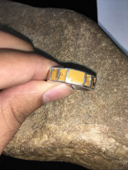 Navajo Yellow Turquoise Inlay Ring | Sterling Silver | Sz 11.5 | Authentic Native American Handmade | 1732