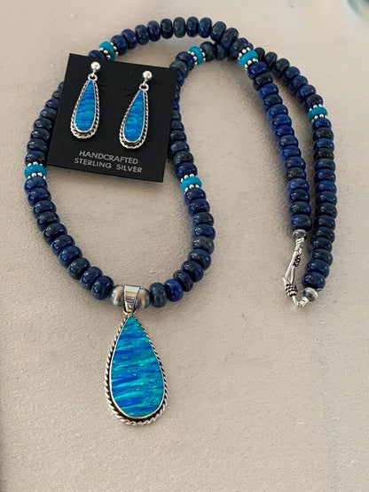 Navajo Opal Pendant with Lapis & Turquoise Necklace and Earrings Set | Sterling Silver | Authentic Native American Handmade | 4328