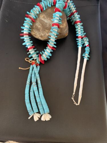 Native American Santo Domingo Blue Turquoise Red Coral Nugget Bead Jacla Necklace | 34" | 13197