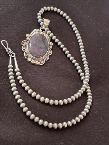 Native American Men's Necklace | Sterling Silver Navajo Pearls with Sugilite Pendant | 1523 - Masha USA