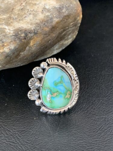 Navajo Green Sonoran Turquoise Ring | Sterling Silver | Sz 10.5 | Authentic Native American Handmade | 10423