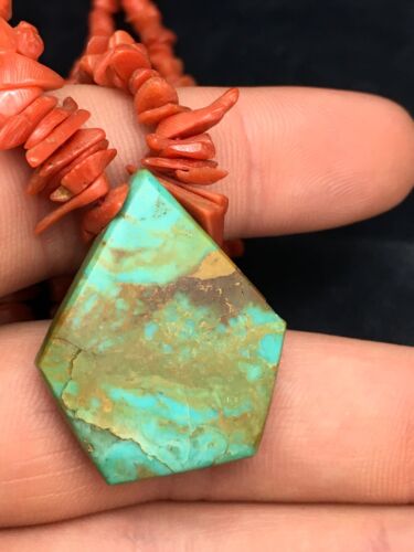 Native American Turquoise Coral Pendant Necklace | Brass Old Pawn | 19" | 4002