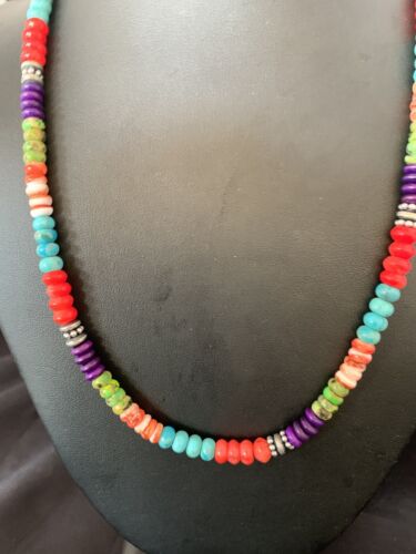 Multi-Color Turquoise Necklace | Sterling Silver | 21" | Authentic Native American Handmade | 13213 - Masha USA