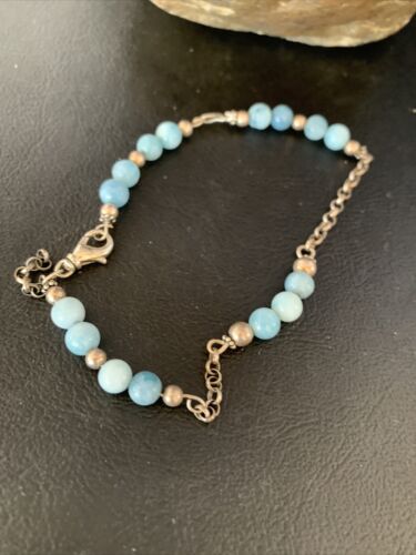 Navajo Blue Larimar Link Bracelet | Sterling Silver | 6mm | 8.5" | Authentic Native American Handmade | 14186