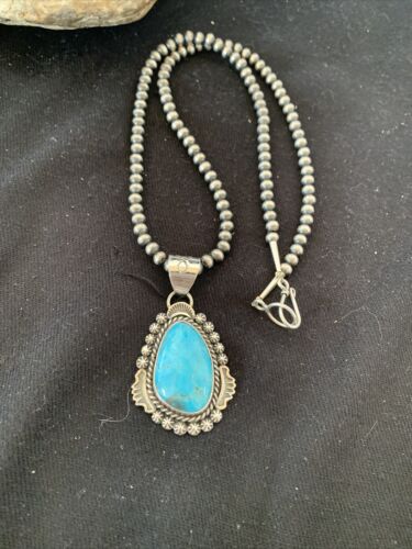 Men's Navajo Pearls Necklace | Sterling Silver Blue Kingman Turquoise Pendant | Native American Handmade | 793