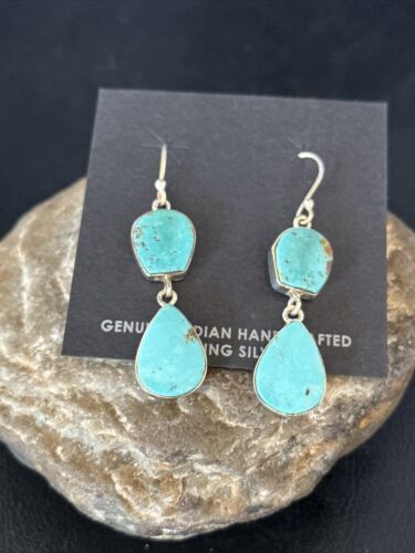 Kingman Turquoise Dangle Earrings | Navajo Handmade | Sterling Silver | Authentic Native American | 14579