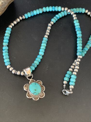 Navajo Blue Turquoise Pendant Necklace | Sterling Silver Pearls | Authentic Native American Handmade | 13217