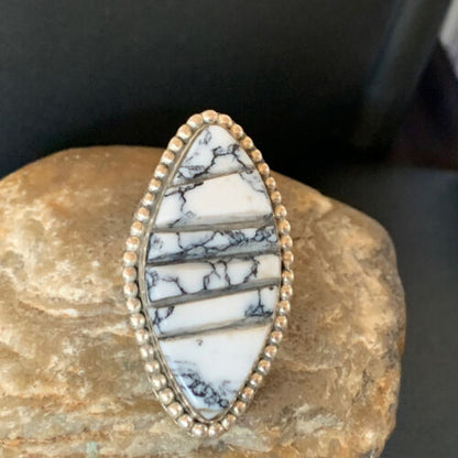 Navajo White Buffalo Turquoise Inlay Ring | Sterling Silver | Sz 7 | Authentic Native American Handmade | 12176