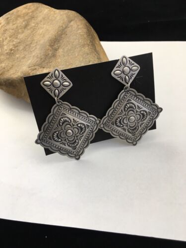 Handmade Sterling Silver Stamped Earrings | Navajo | Authentic Native American Jewelry | 2.75" | 01725 - Masha USA