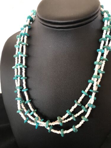 Navajo Sterling Silver 3-Strand Turquoise Necklace with Bone Earrings Set | Authentic Native American Handmade