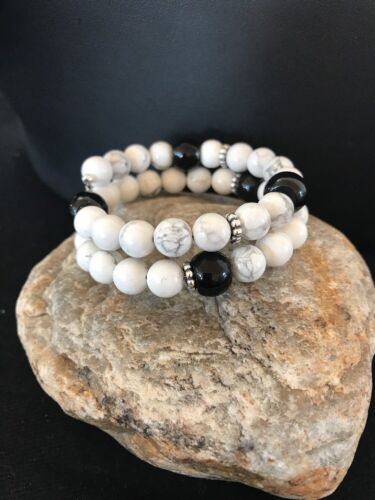 Navajo White Howlite Turquoise Onyx Bead Bracelet | Sterling Silver | Authentic Native American Handmade